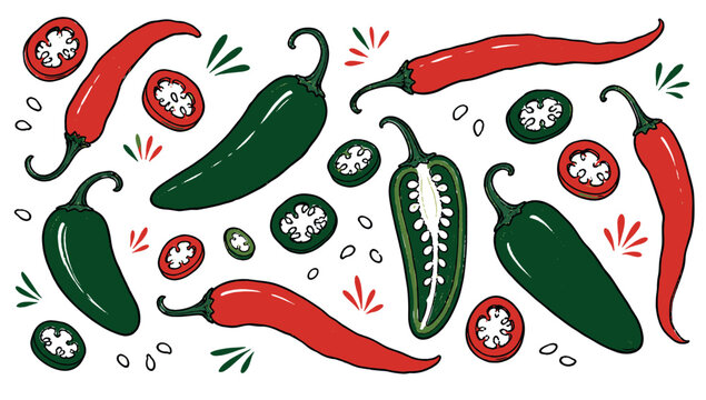Chili pepper icons set. Red and green chili peppers. Jalapeno, cayenne, and serrano peppers. Whole, sliced, and seeds. Hand-drawn doodle style