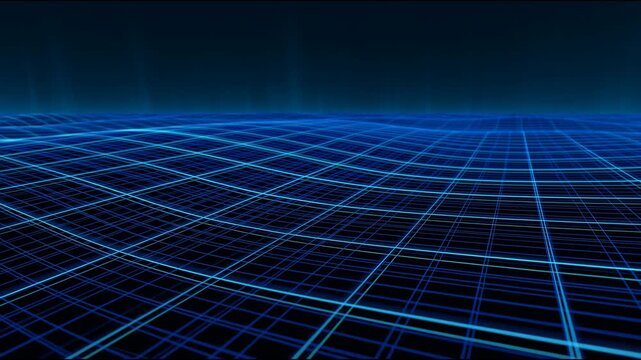 Glowing blue wireframe grid forming undulating wave on dark background