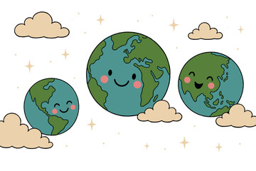 Fototapeta premium Happy Earth icons set. Smiling planet Earth icon. World globe symbol. Clouds and stars decoration. Hand-drawn doodle style