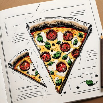 A vibrant, hand-drawn illustration of a pepperoni pizza slice, complete with melted cheese, fresh basil, and a crunchy crust, sits atop a sketched page next to a smaller slice.
