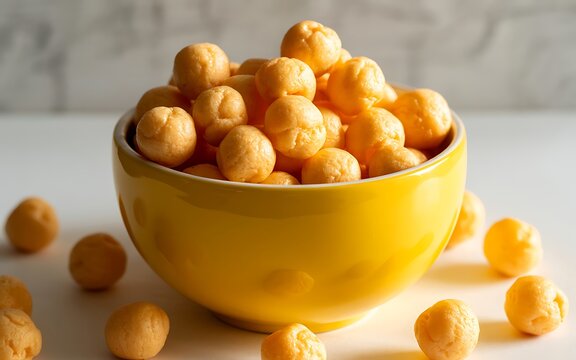 Cheesy Puff Corn Balls Crispy Savory Snack Bright Yellow Ceramic Dish Tableware Food Photo
