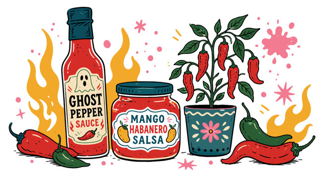 Hot sauce and chili pepper icons set. Ghost pepper sauce bottle. Mango habanero salsa jar. Chili plant in pot. Red and green peppers. Hand-drawn doodle style