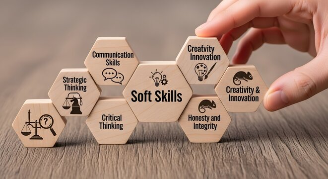 Hand arranging wooden blocks with soft skills on wooden table