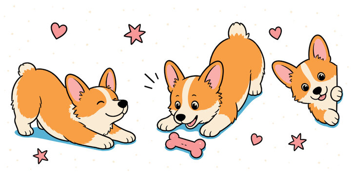 Cute corgi dog icons set. Happy puppy playing. Pet animal. Dog bone. Heart and star symbols. Adorable cartoon style