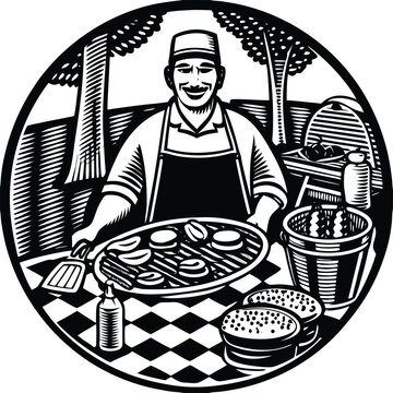 grill master, barbecue chef, outdoor cooking, vector illustration