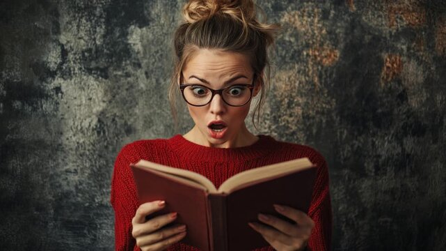 A surprised woman in a red sweater reacts with awe while reading a book, her facial expression reflects excitement and curiosity against a vintage background.