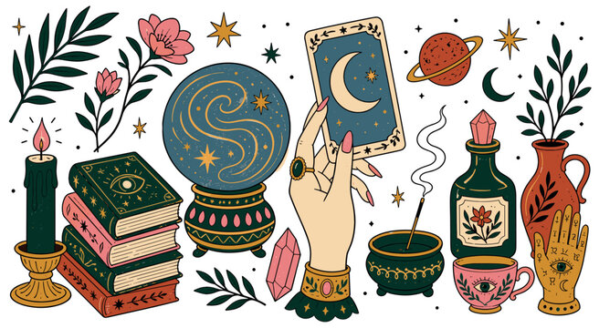 Esoteric magic icons set. Mystical symbols and occult elements. Fortune telling, astrology, witchcraft. Hand-drawn doodle style