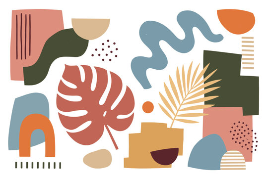 Abstract organic shapes set. Modern art elements. Tropical leaves, monstera, palm leaf. Geometric forms, dots, lines. Hand-drawn collage style