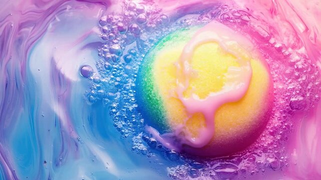 A round bath bomb drops into water, creating colorful swirls and bubbles. The action takes place in a home bathroom during a relaxing moment. The water changes colors