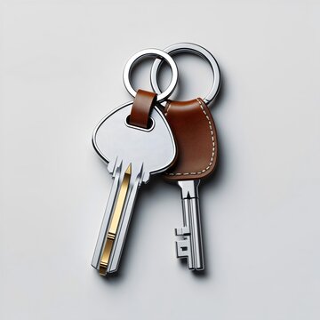Two metallic keys with brown leather fobs attached to silver rings