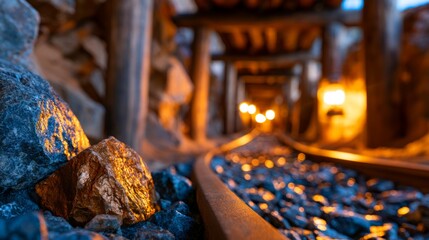Fototapeta premium Abandoned Gold Mine Corridor Illuminated by Warm Lights at Midnight with Rocky Terrain in Background