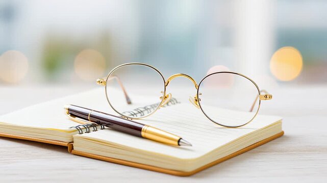 Vintage glasses and pen on open notebook in soft light