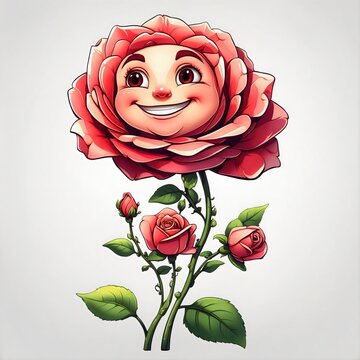 A whimsical rose with a human face smiling brightly, surrounded by smaller rose buds and green leaves. The illustration features a single large pink rose atop a stem.