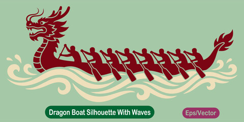 Dragon boat silhouette with waves, traditional chinese festival racing boat vector illustration © Fahima
