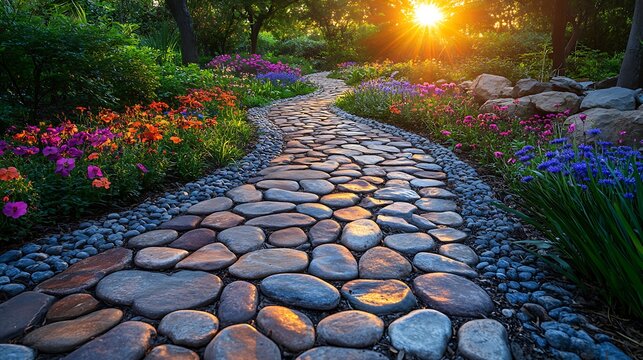 Winding stone path through a colorful garden