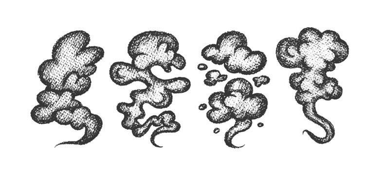 Crayon comic clouds of smoke and dust. Hand drawn doodle car exhaust, steam, fog, explosion smoke and fart with chalk texture. Crayon clouds from fire, blast, smog, vector illustration