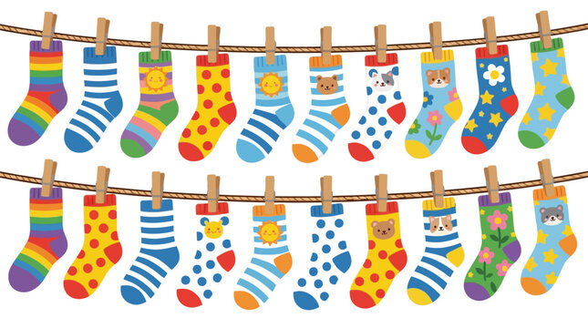 Colorful socks hanging on a clothesline with clothespins against a white background.