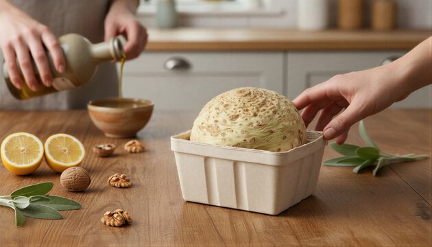 Person reaching for fresh celeriac on a busy kitchen table