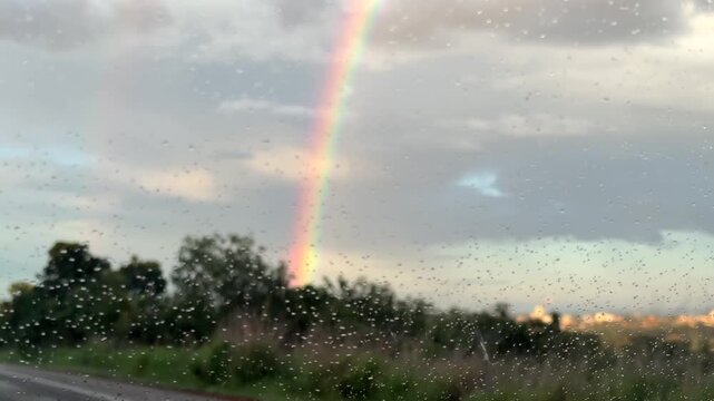 Driving on the road after a rain shower, admiring two rainbows.