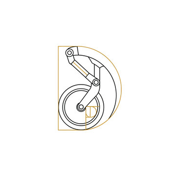 Modern Letter D Logo Design featuring Mechanical Wheel and Shock Absorber with Golden Ratio Construction Lines