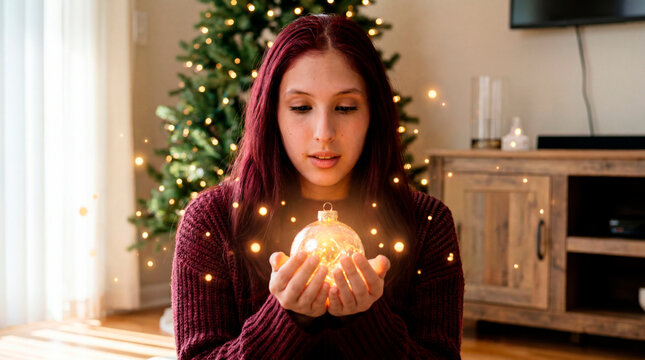 Contemplative young woman holding glowing ornament beside illuminated Christmas tree indoors