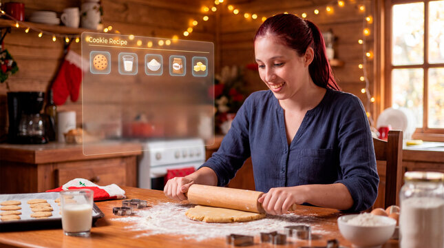 Engaged young woman preparing holiday cookie dough with digital recipe interface in cabin kitchen