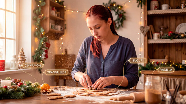Focused woman cutting festive cookie dough with ingredient labels in rustic kitchen
