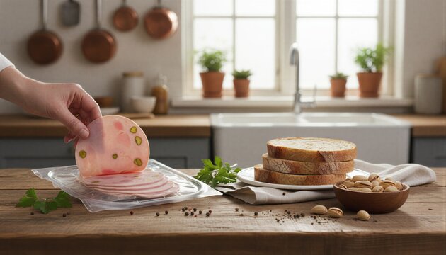 Person serving sliced ham at sunny brunch