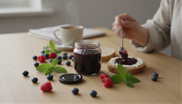Person spreading berry jam on toast for breakfast
