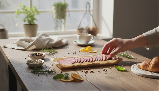 Picking up peppered salami slice at a casual brunch