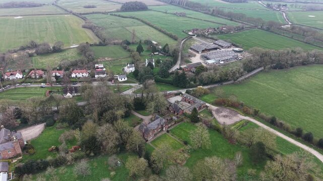 Aerial video showing farmland fields with rural tree lines in bright sunlight.