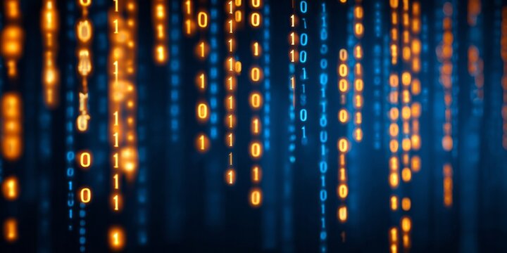 Digital data streams of binary code fall in glowing columns.