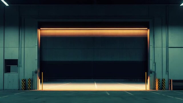 Empty industrial warehouse loading dock entrance featuring a large closed rolling door emitting a warm golden glow from ambient lighting, creating a futuristic and clean architectural space