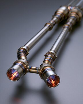 Medium shot highlighting dualline exhaust system assembly featuring parallel pipe welding and fitting emphasizing craftsmanship and structural alignment.