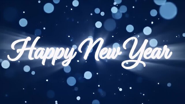 A luminous blue New Year background featuring glowing bokeh lights and Happy New Year script