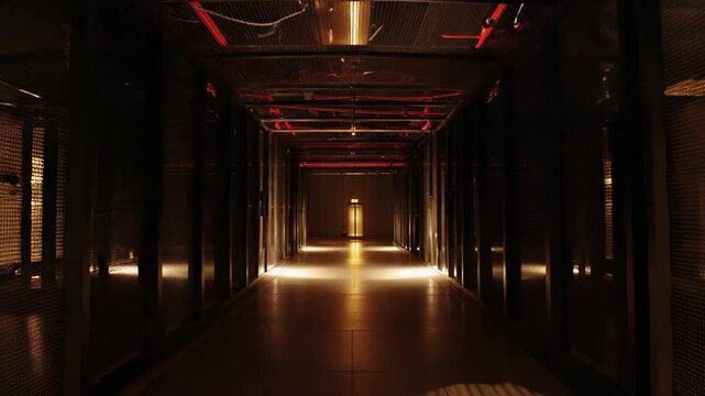 Server room aisle extending into the distance, racks of network servers and data storage units illuminating the floor, creating a sense of security, vastness, and technological advancement