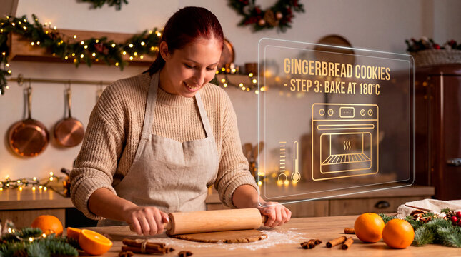 Modern gingerbread baking workflow with digital recipe interface in festive kitchen