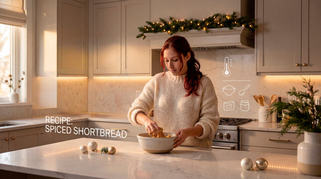 Minimal holiday kitchen scene with spiced shortbread preparation and recipe overlay