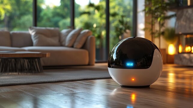 Smart home robot in modern living room with fireplace and large windows