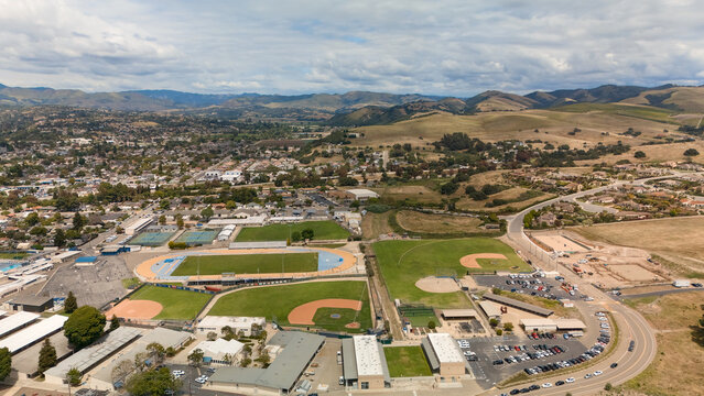 Drone view of sports campus and rolling hills in Arroyo Grande California