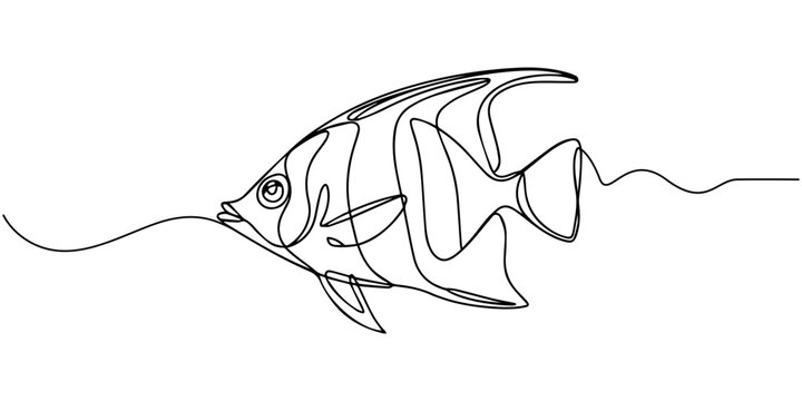 tropical fish continuous one line drawing, Tropical angelfish swimming drawn in one continuous line art style, Minimal line art of a fictional sarc fish with a crescent-shaped fin pattern, drawn
