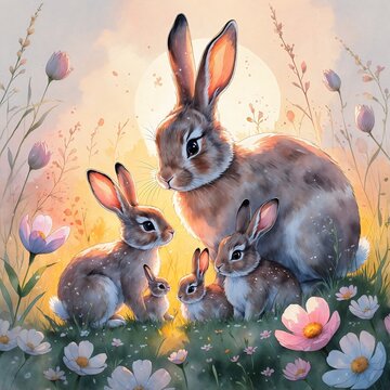 A family of rabbits in a field of flowers at sunrise. The mother rabbit is looking down at her three young rabbits as they sit around her. The soft light of the rising sun illuminates the scene