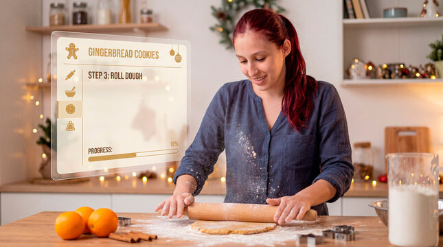 Christmas home baker rolling gingerbread dough beside interactive holiday recipe display