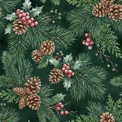 Watercolor pine branches with holly berries and pinecones seamless pattern
