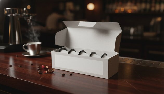 Premium coffee pod box with a clean label on a dark mahogany bar in a moody cafe