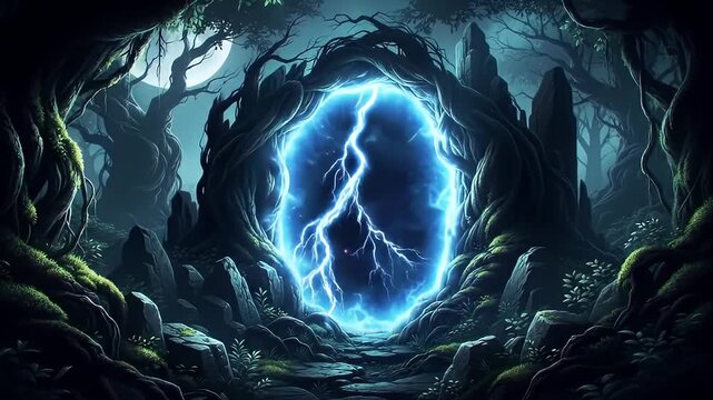 A Luminous Blue Portal Emerges Amid Twisted Forest Roots and Shadowy Pines