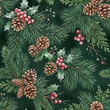 Watercolor pine branches with holly berries and pinecones seamless pattern