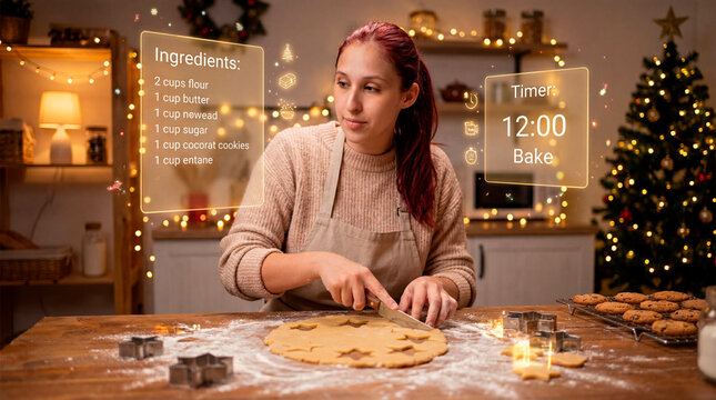 Holiday baker preparing cookie dough with digital timer and ingredient overlay