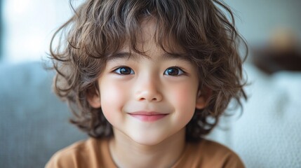 Fototapeta premium Smiling child indoors, cozy home background, portrait use