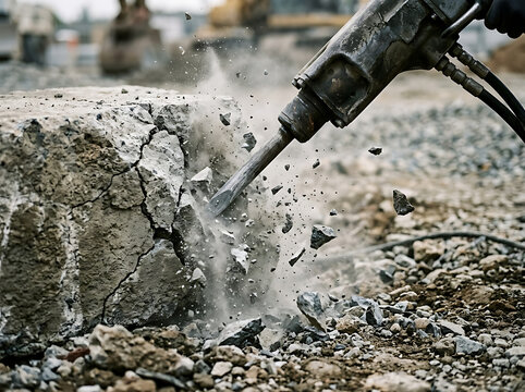 Concrete demolition with a hydraulic breaker in a construction site